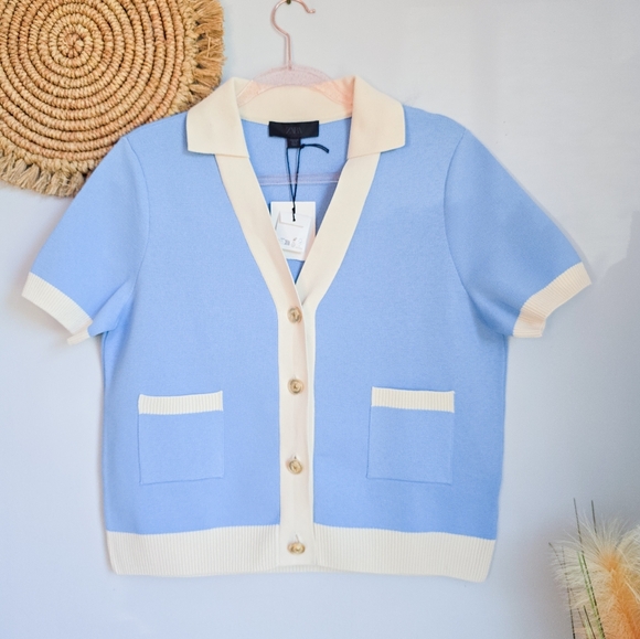 ZARA New Blue Short Sleeve Smooth Knit Gold Crest Button Lady Cardigan SZ XL - Picture 2 of 12